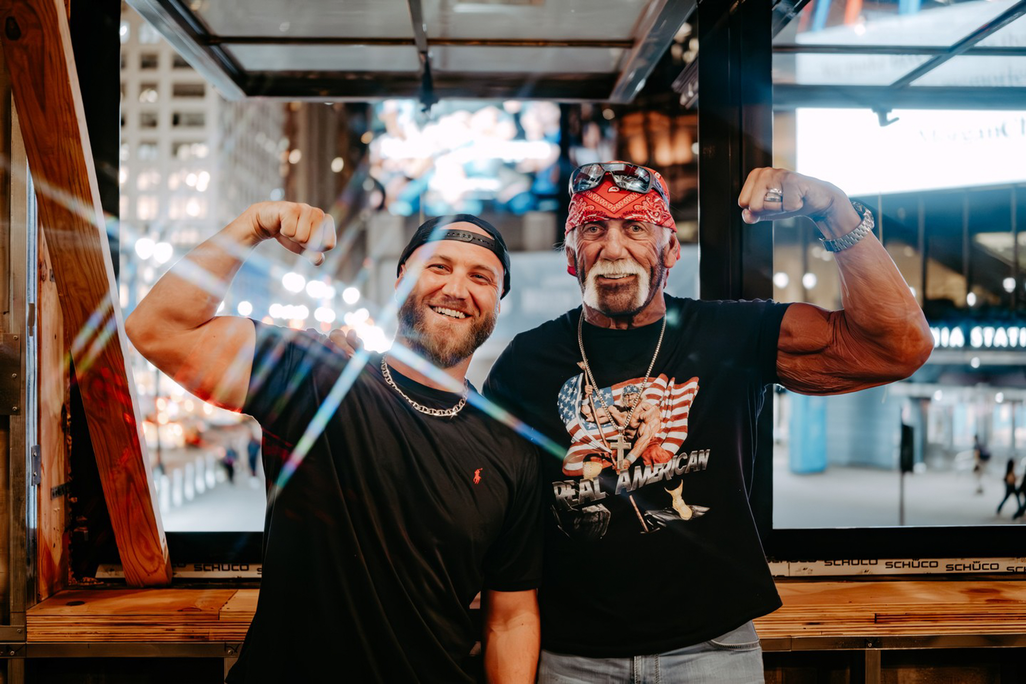 Hulk Hogan and Nick Hogan at a bar across the street from Madison Square Garden.