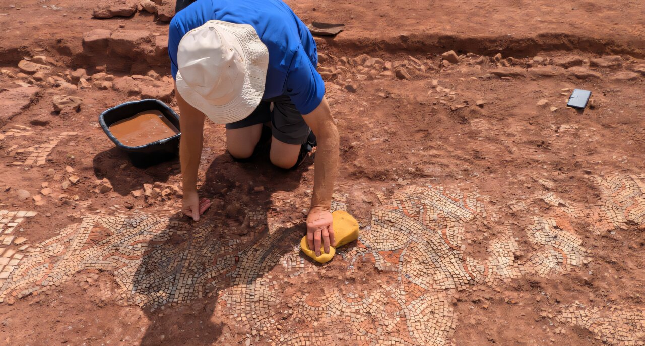 Archaeological dig reveals full extent of Roman villa with intricate mosaic and bath house