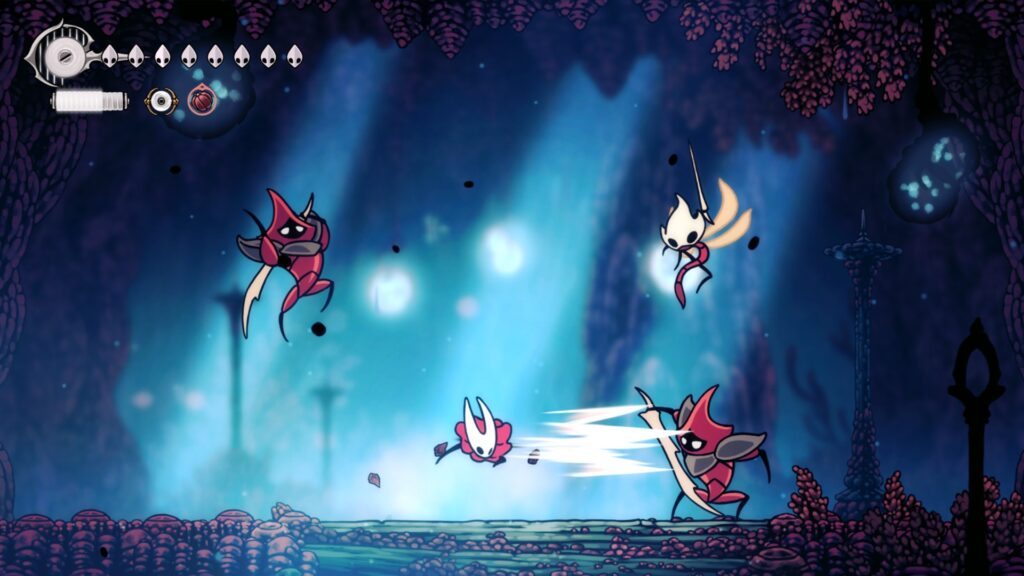 A promotional screenshot for Hollow Knight Silksong showing Hornet fighting multiple enemies