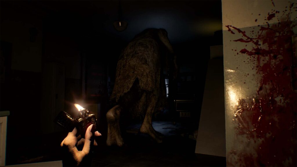 A promotional screenshot for Resident Evil Requiem showing a first-person shot of a large monster in a hallway
