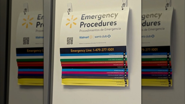 Walmart emergency procedures list hung on door