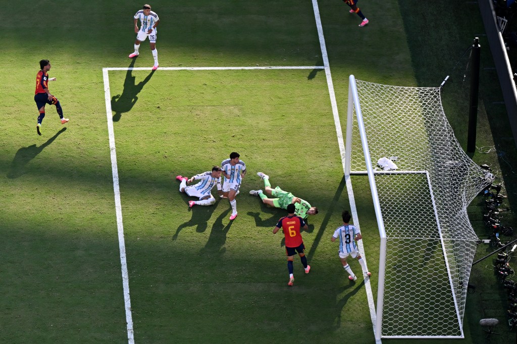 Spain's forward Ferran Torres shoots and scores his team's first goal during the 2026 World Cup football tournament final match between Spain and Argentina at the New York/New Jersey Stadium in East Rutherford on July 19, 2026. (Photo by Jewel SAMAD / AFP via Getty Images)