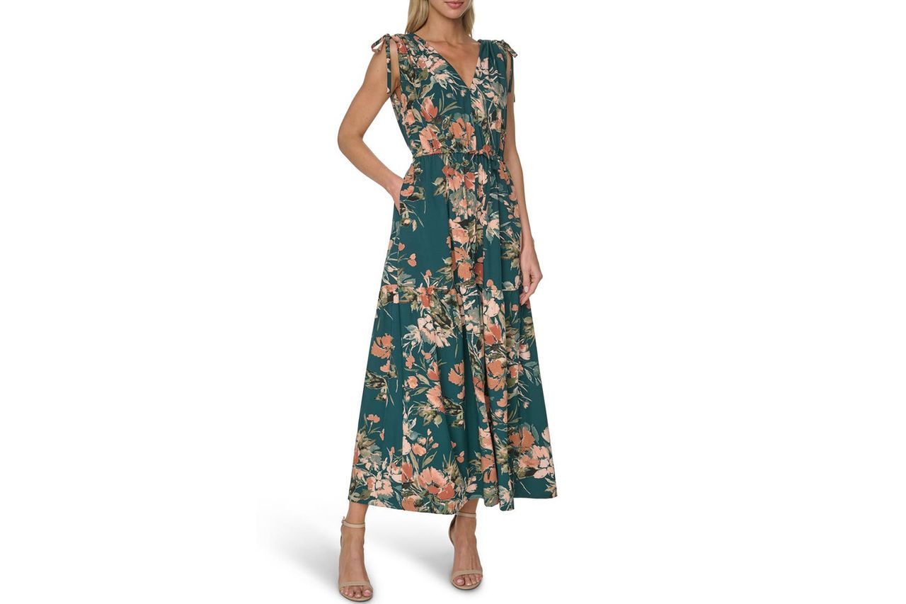 Calvin Klein Floral Print Tie Strap Maxi Dress