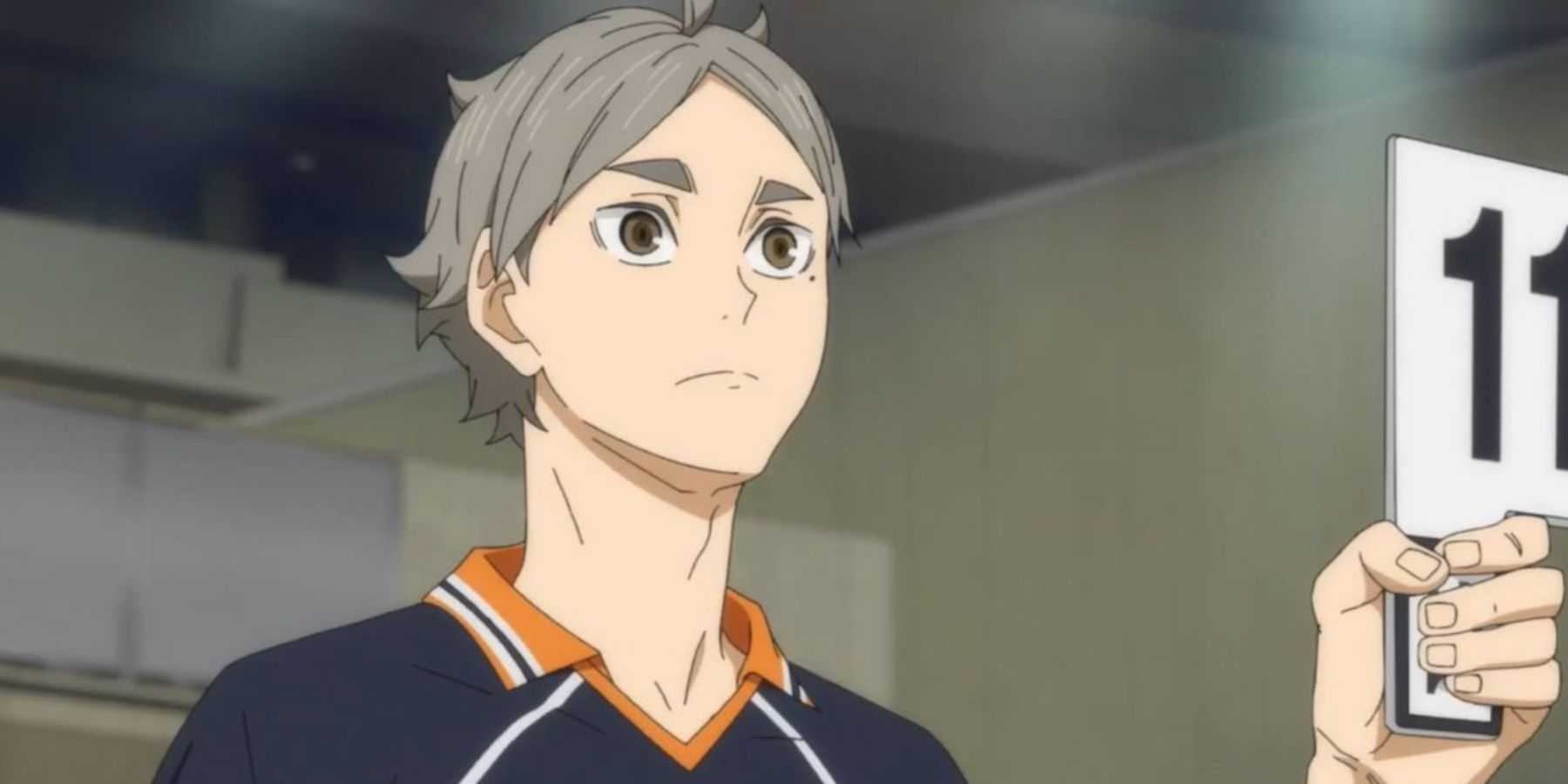 Sugawara Koshi is being subbed into a match in Haikyuu!!