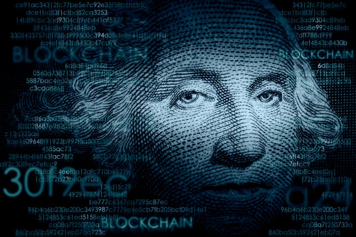 George Washington's face from the $1 bill, surrounded by cryptocurrency terminology.