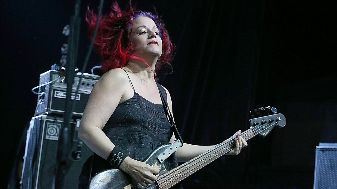 Jennifer Finch of L7 performs in concert during Day 3 of Fun Fun Fun Fest at Auditorium Shores on November 8, 2015 in Austin, Texas.