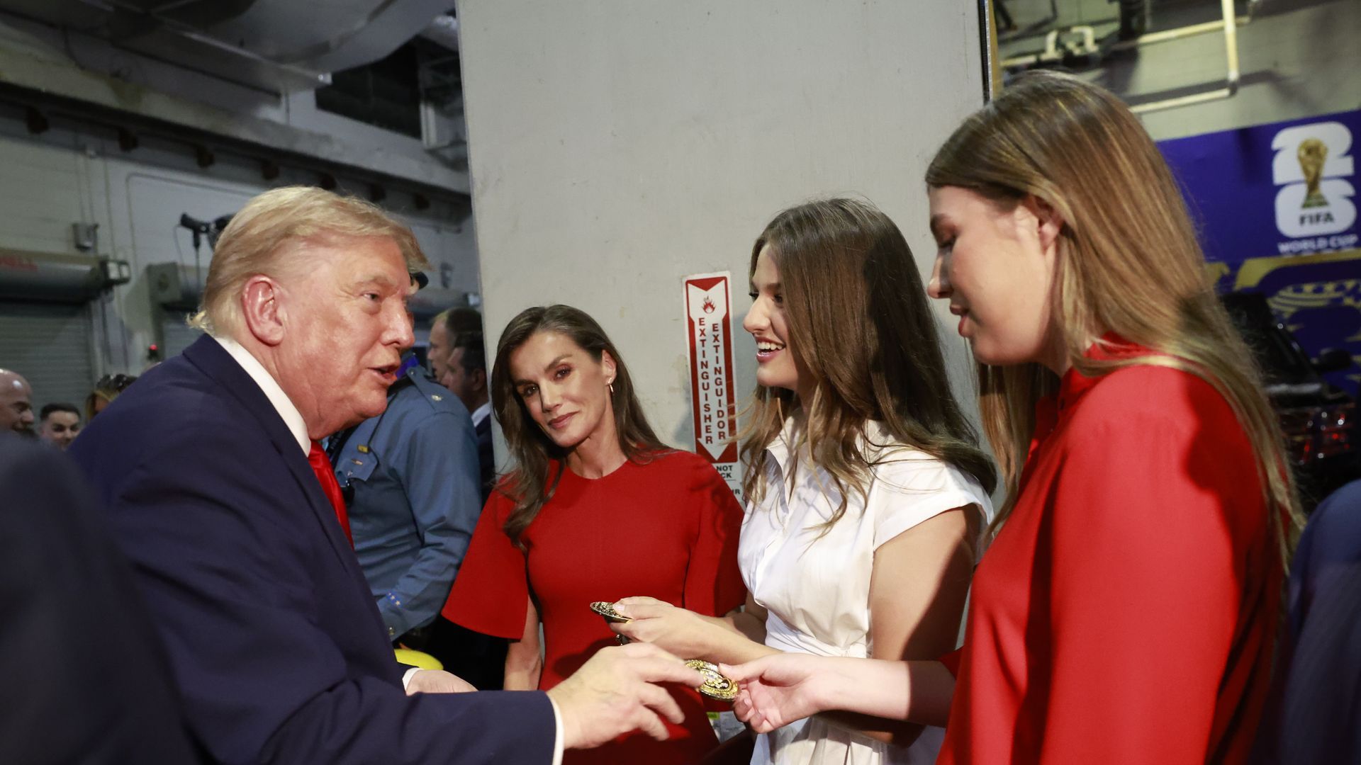Donald Trump, greeting Princess Leonor and Infanta Sofia in the presence of Queen Letizia