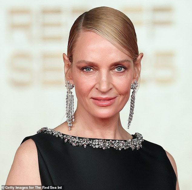 With mascara: Uma Thurman at the opening night red carpet for 'Giant' at the Red Sea International Film Festival in 2025, sporting a soft and dewy yet glam look