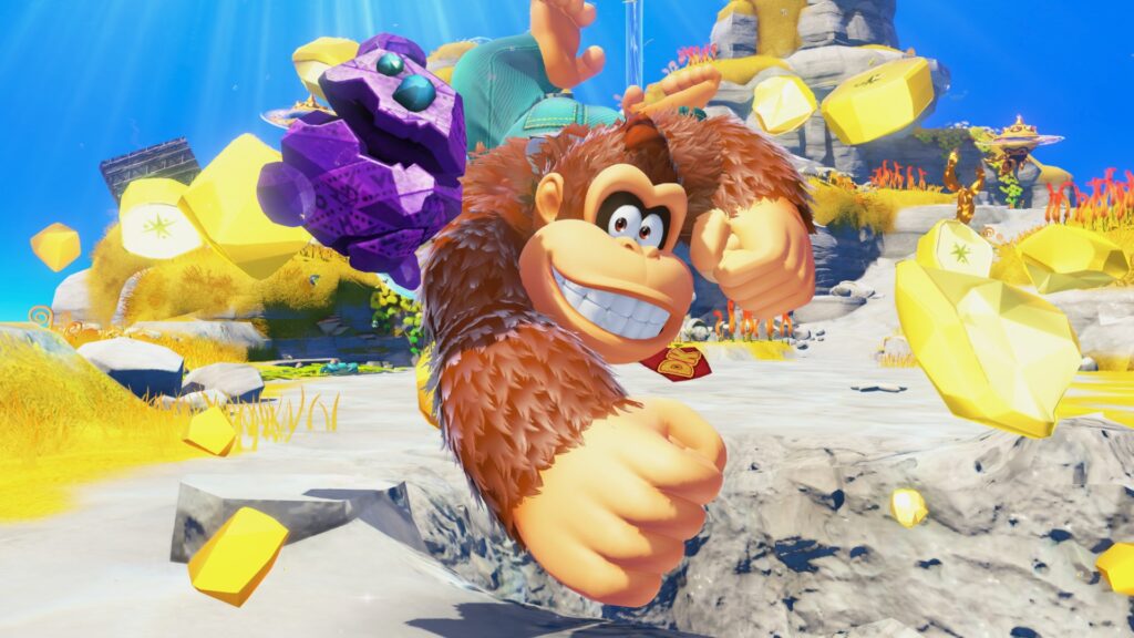 A promotional screenshot for Donkey Kong Bananza showing DK smashing into the ground