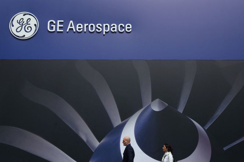 GE Aerospace branding at Farnborough International Airshow, in Farnborough