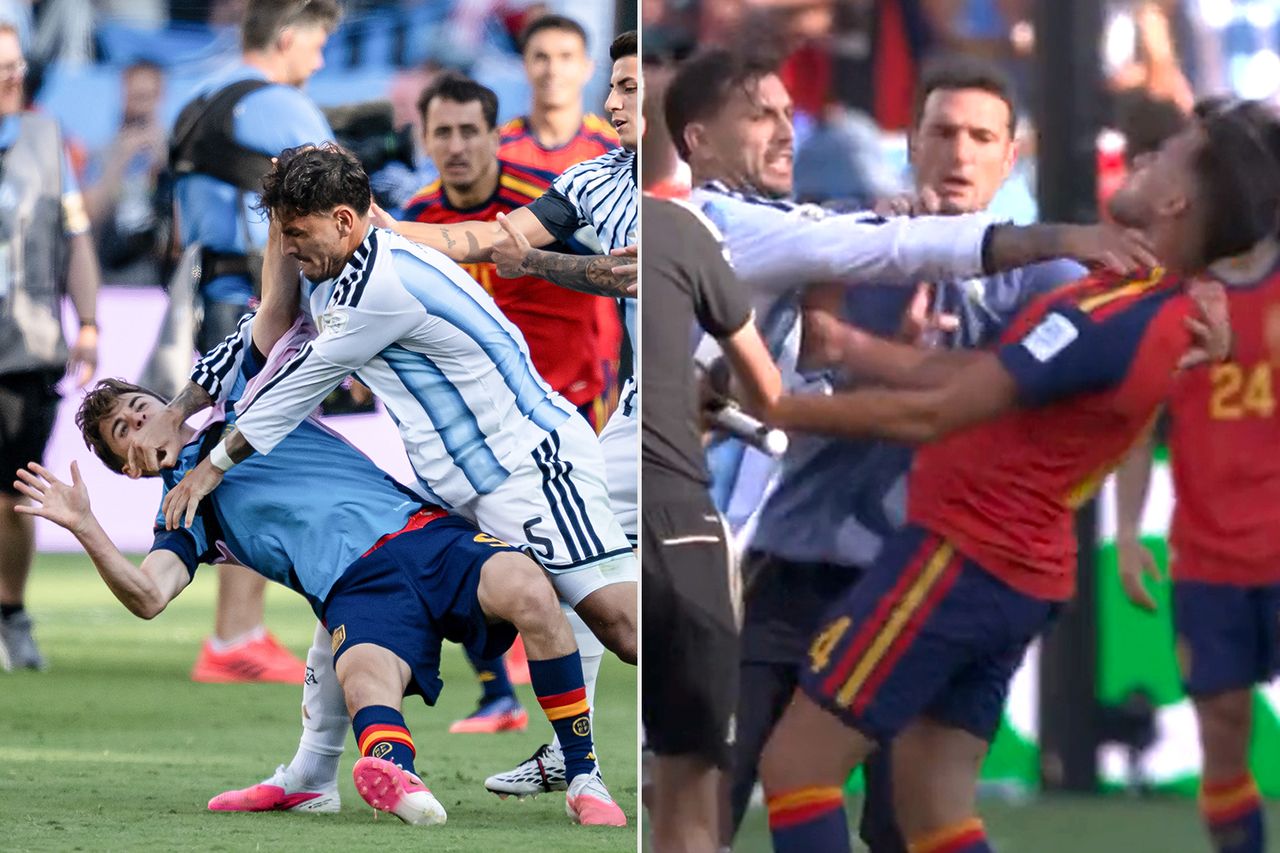 Leandro Paredes of Argentina (5) gets violent against Gavi of Spain (9) after the FIFA World Cup 2026 Final ; Footage shows Paredes shoving Gavi to the ground before appearing to grab Eric García around the neck during a post-match altercation, with players and staff from both sides quickly rushing in to separate those involved.