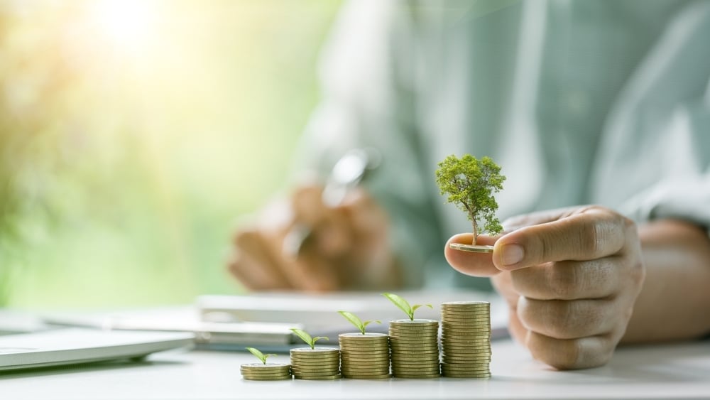 A hand holds a small tree on a coin above growing stacks of coins with sprouts, symbolizing financial growth.