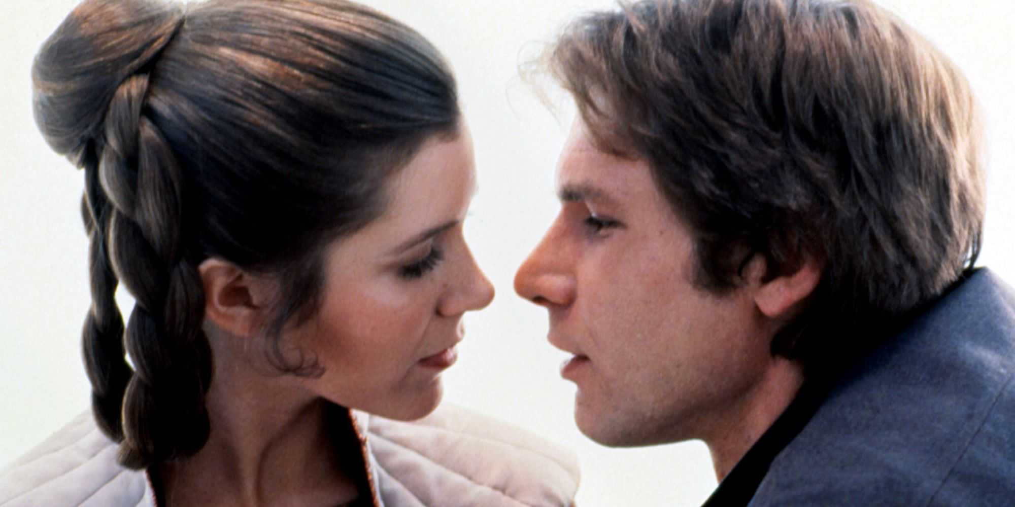 Leia and Han almost kissing in Star Wars: The Empire Strikes Back.