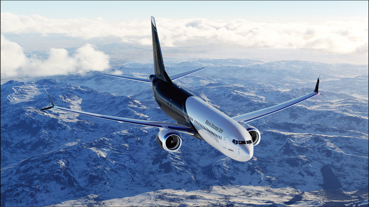 A Boeing 737 Max 8 flying over snow-covered mountains