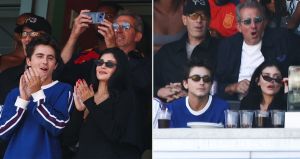 Timothée Chalamet and Kylie Jenner at the 2026 World Cup Final Match on Sunday, with both waring compact sunglasses.