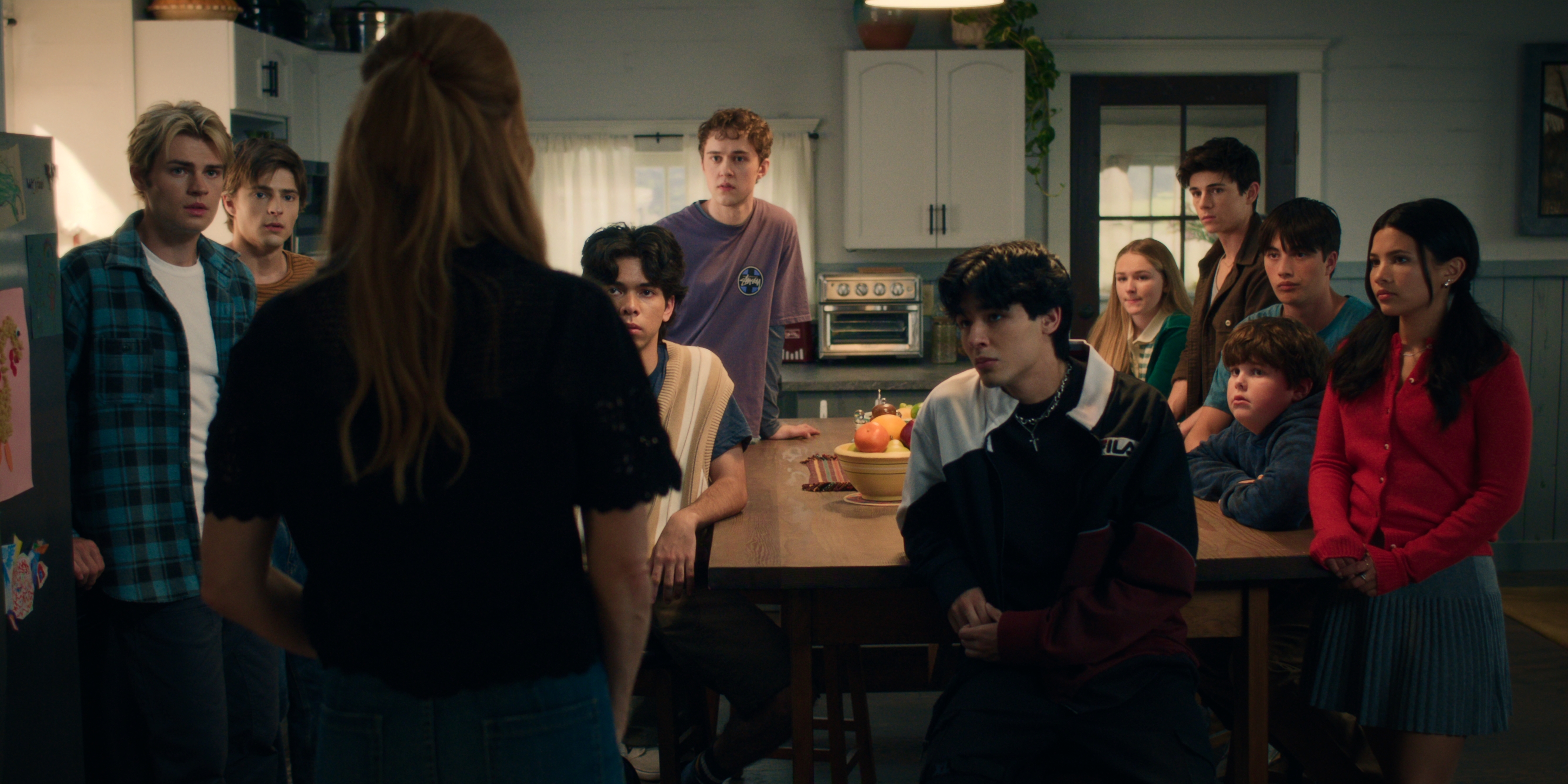 L-R: Noah LaLonde as Cole Walter, Corey Fogelmanis as Nathan Walter, Sarah Rafferty as Katherine Walter, Myles Perez as Lee Garcia, Connor Stanhope as Danny Walter, Isaac Arellanes as Isaac Garcia, Alix West Lefler as Parker Walter, Ashby Gentry as Alex Walter, Lennix James as Benny Walter, Dean Petriw as Jordan Walter, Nikki Rodriguez as Jackie Howard in 'My Life with the Walter Boys'