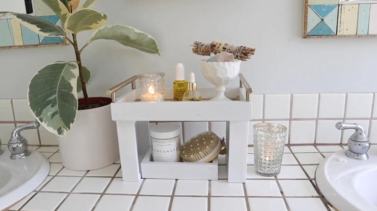 Woman turns old wall decor into countertop storage with a clever DIY ...