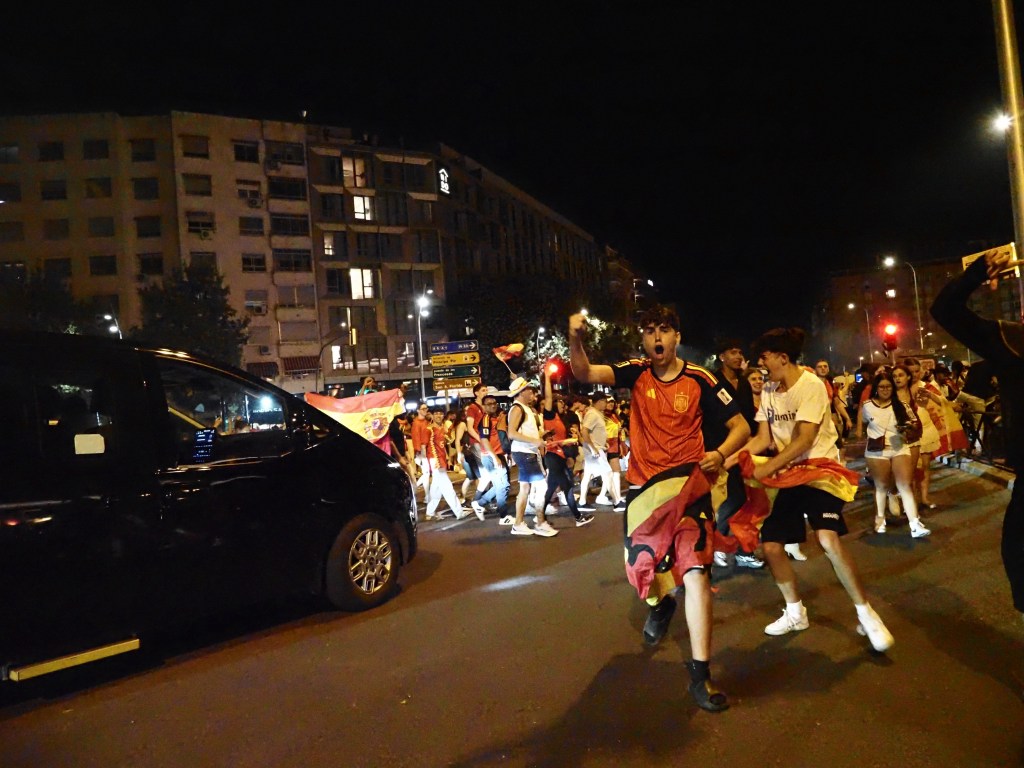 Fans of the Spanish national team gather in the streets of Madrid, Spain, to celebrate the victory against Argentina for the 2026 FIFA World Cup championship. (Photo by Aaron Heredia/NurPhoto via Getty Images)