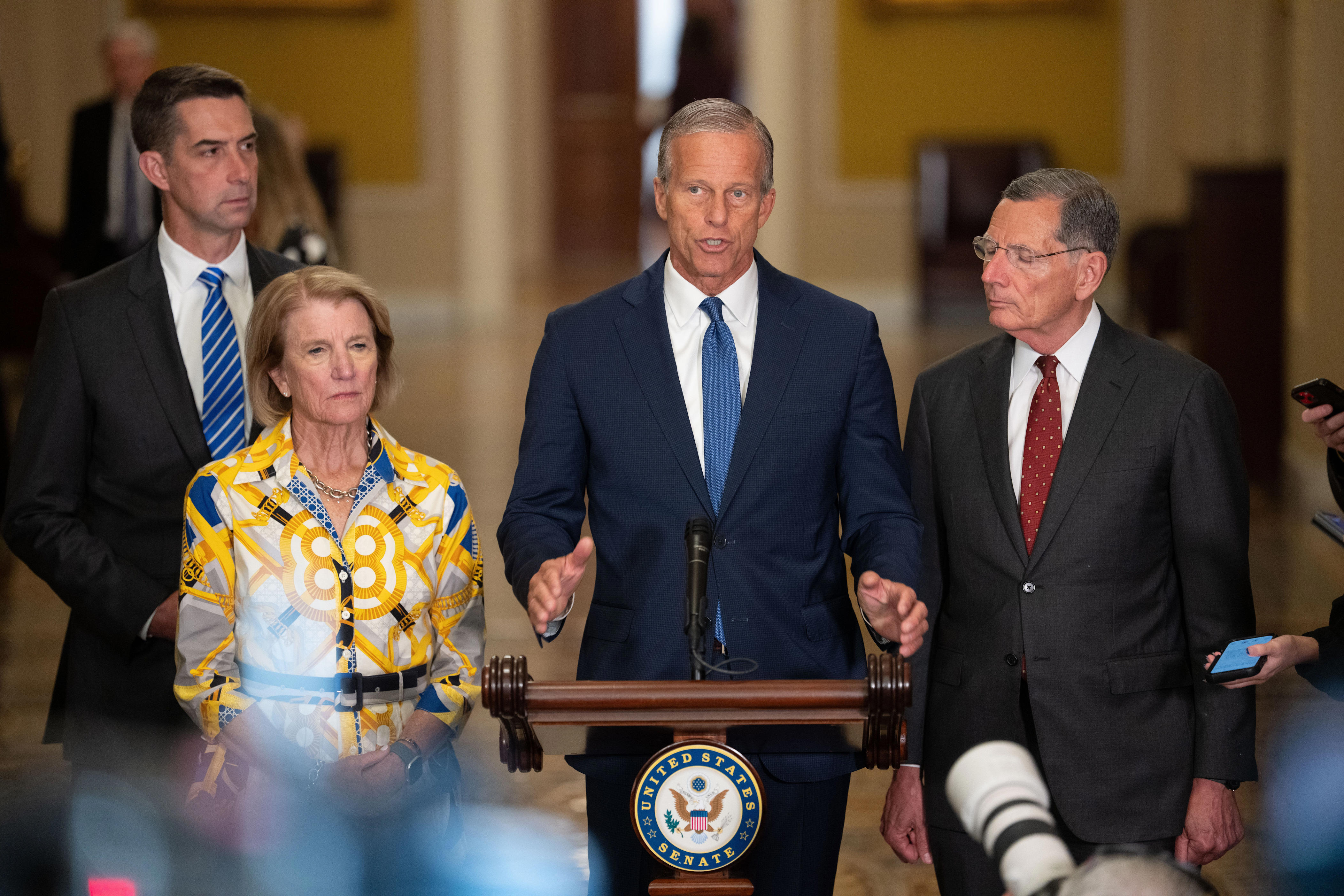 Senate GOP leadership, seen here speaking at a weekly press conference on Wednesday this week, has said Trump's voting restrictions bill, the SAVE America Act, can't pass the chamber.