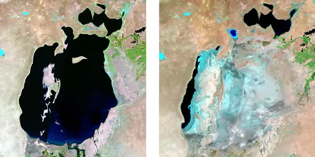 Satellite images of the Aral Sea in 1987 (left) 2024 (right). U.S. Geological Survey