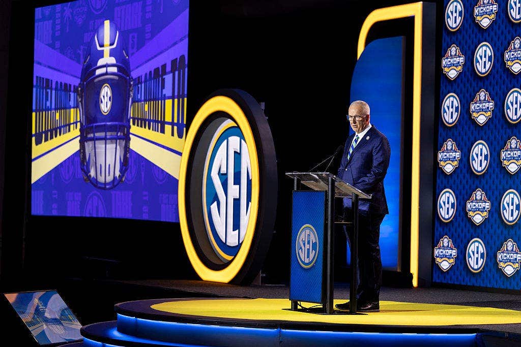 SEC Commissioner Greg Sankey speaks at the SEC Football Media Day at Tampa Marriott Water Street in Tampa, Fla., on July 20, 2026.