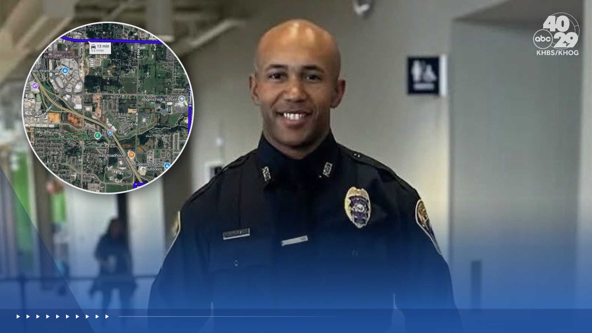 Motorcade carrying body of Rogers police officer who drowned goes through city