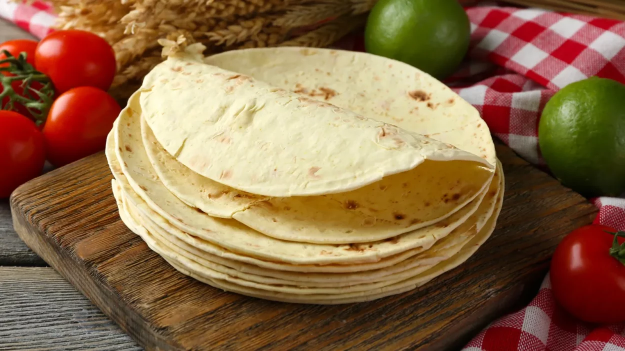 Stack of homemade whole wheat flour tortilla.