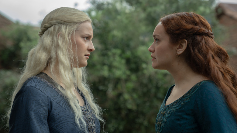 Helaena and Alicent arguing in the gardens in House of the Dragon