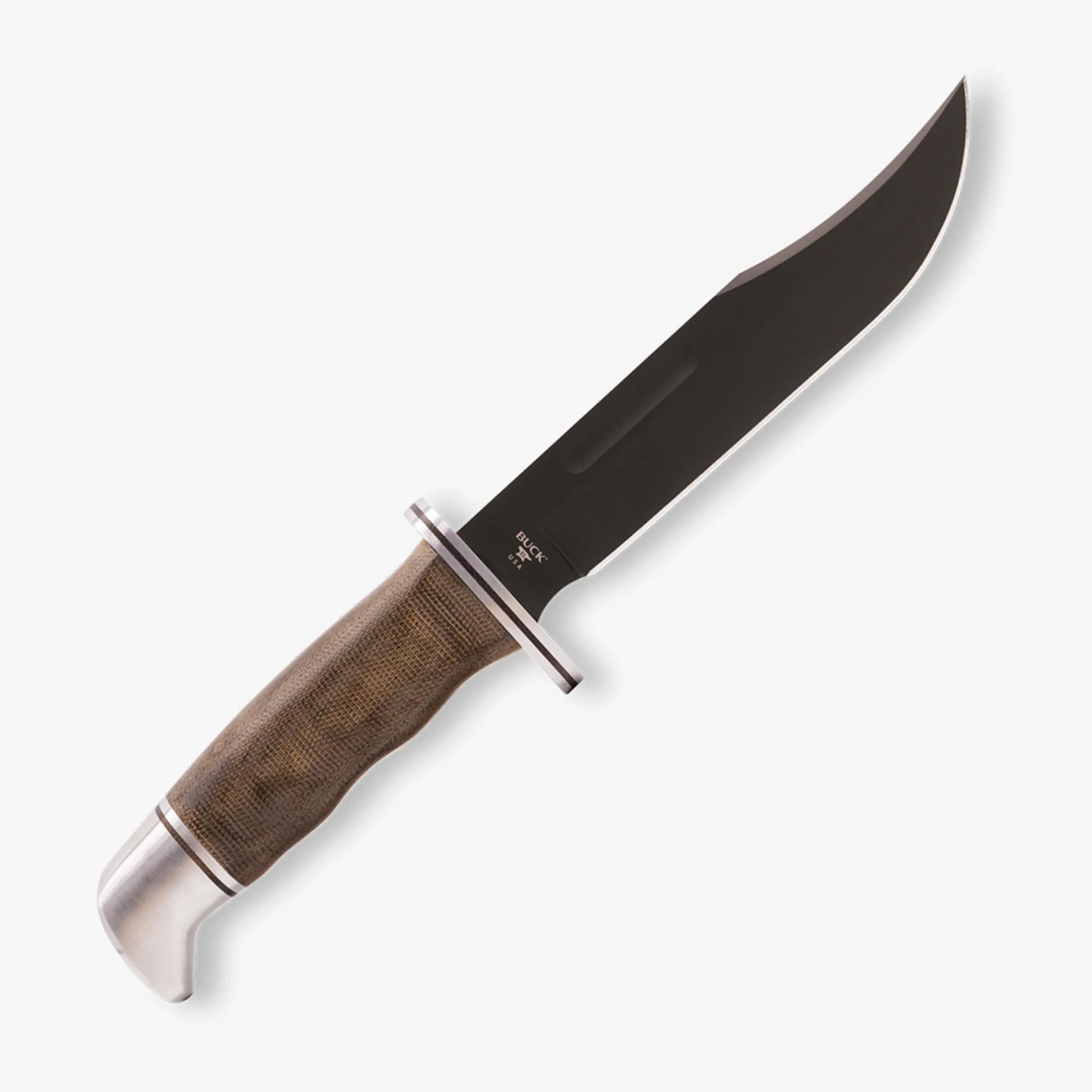 Fixed-blade knife with black blade, brown textured handle, and metal guard and pommel.