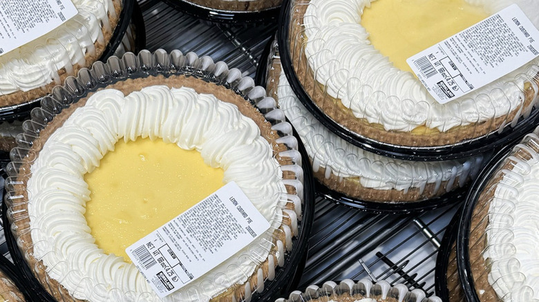 Costco's Lemon Custard Pie sitting stacked in cooler