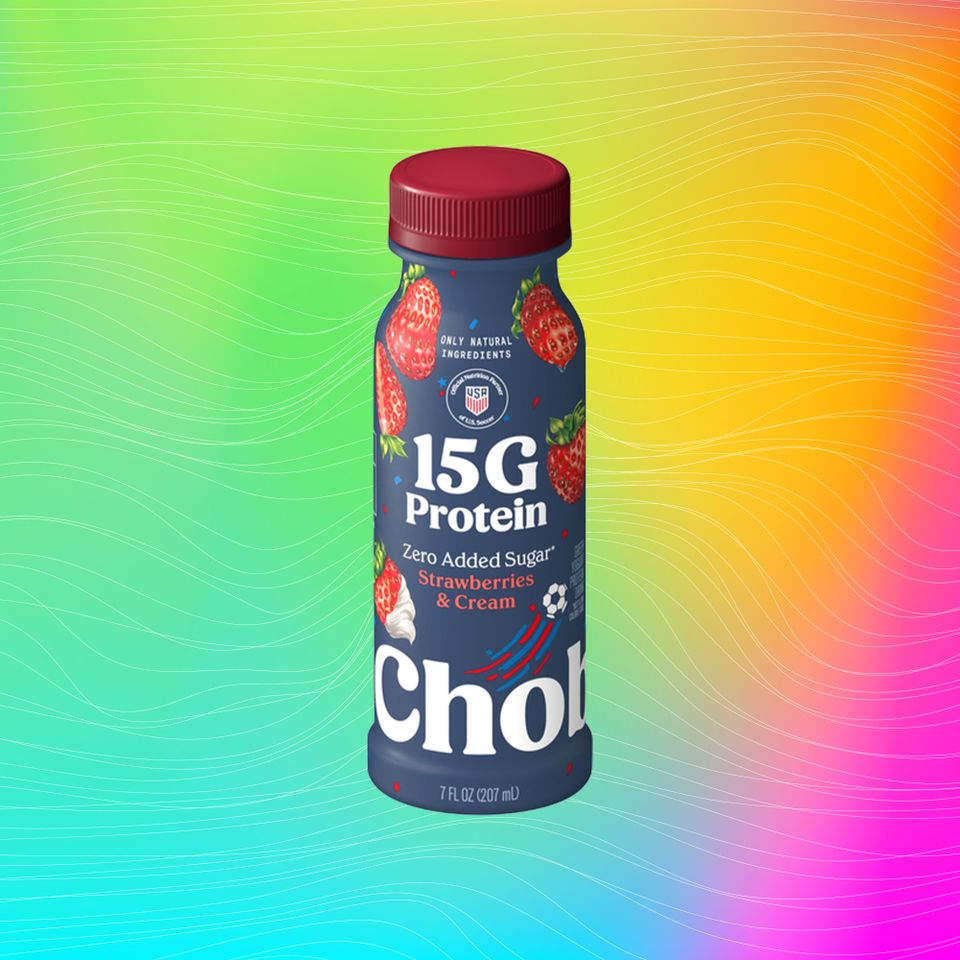 A single yogurt drink bottle labeled as 15G Protein Zero Added Sugar Strawberries Cream flavor positioned against a colorful background