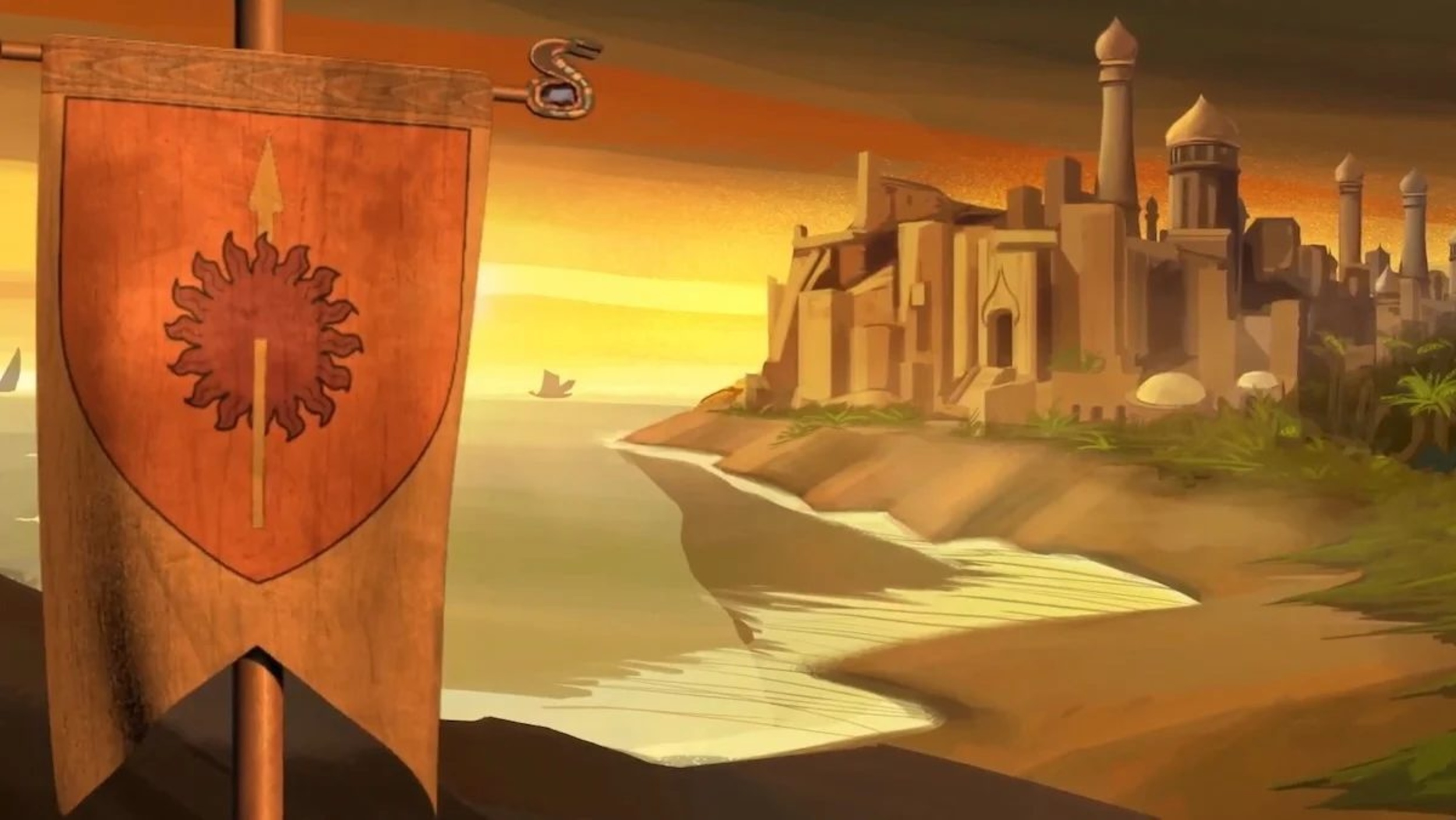 An animated view of Sunspear at dusk with the sigle of House Martell in the foreground to the left