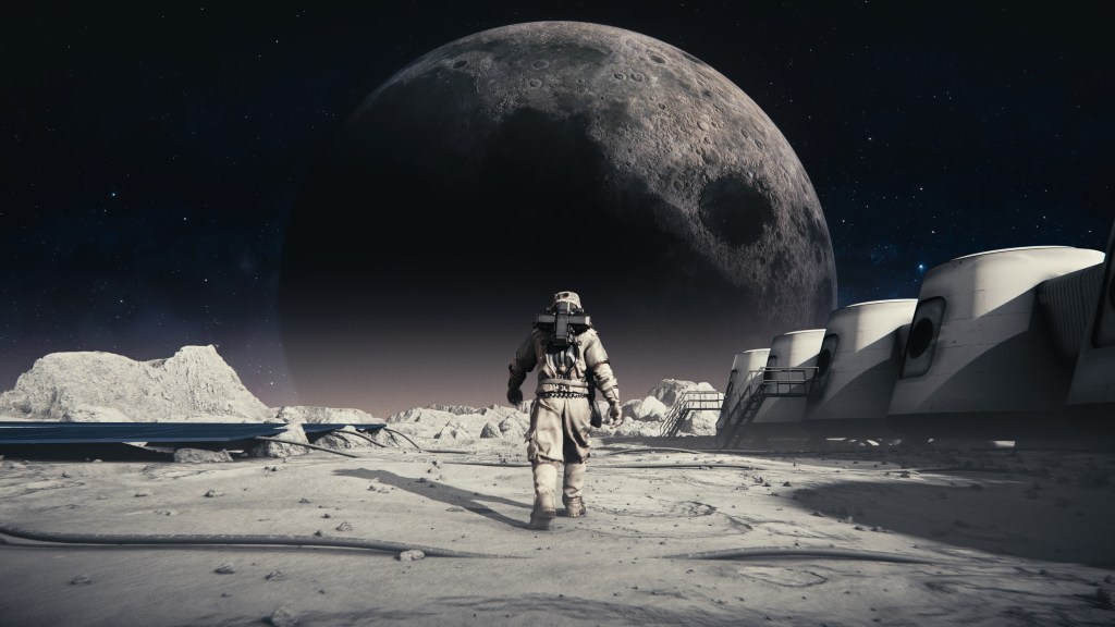 A rendering of an astronaut walking across a moon base.