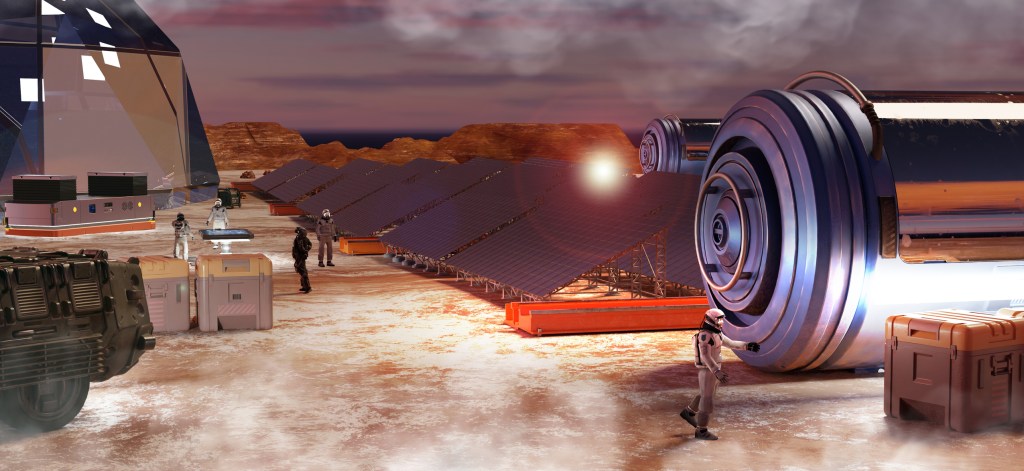 A 3D rendering of power stations on the moon.