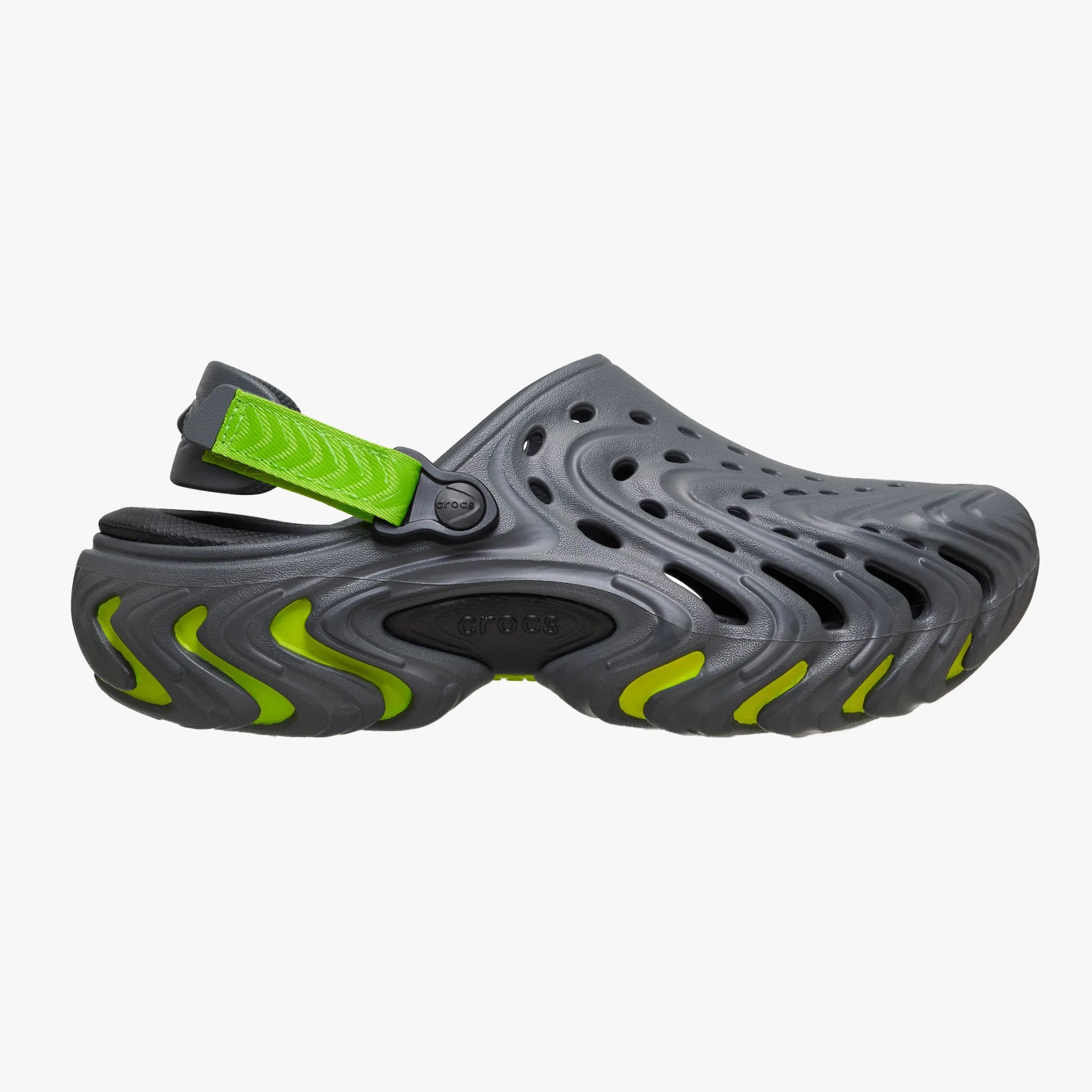 Gray Crocs clog with green accents and a green adjustable heel strap.