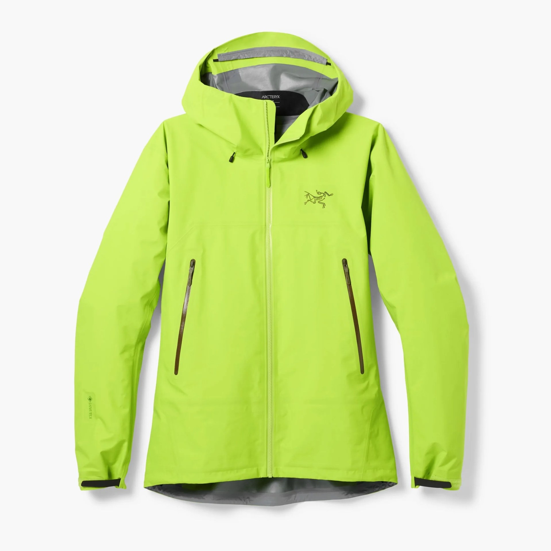 Bright lime green waterproof jacket with hood, front zipper, and zippered pockets, featuring Arc'teryx logo on chest.