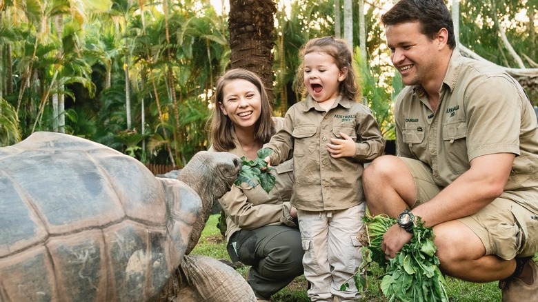 Bindi Irwin, her husband, and her daughter Grace feeding a tortoise