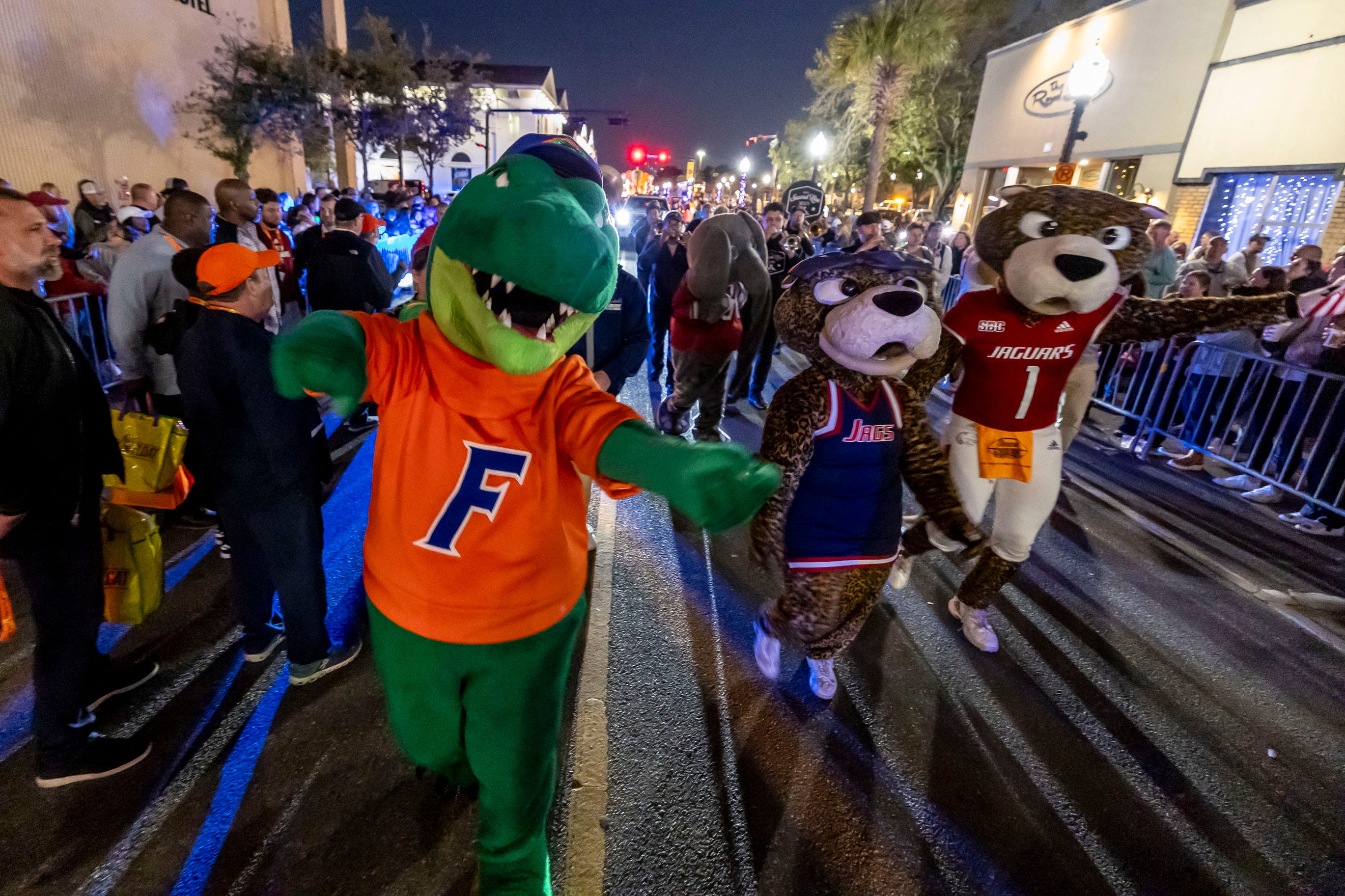 Feb 2, 2024; Mobile, AL, USA; Florida mascot Albert Gator helps lead off the Mardi Gras player parade Friday in downtown Mobile. Senior Bowl football players participated along with locals and NFL personnel. Mandatory Credit: Albert is joined by hometown mascots Miss Pawla and South Paw from the University of South Alabama. Vasha Hunt-USA TODAY Sports