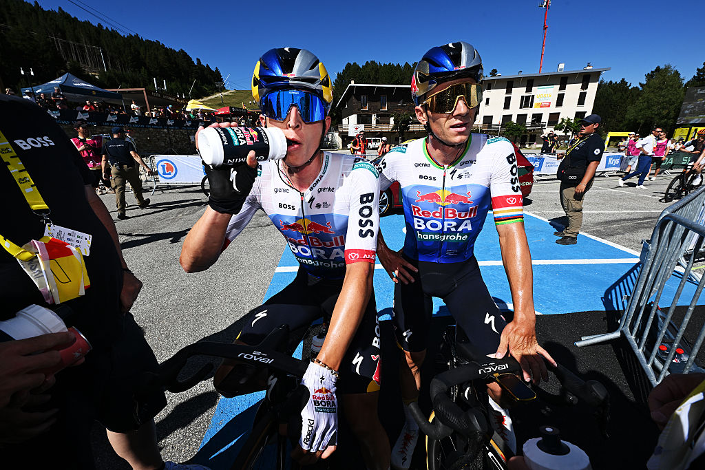 Florian Lipowitz of Germany and Remco Evenepoel of Belgium and Team Red Bull - BORA - hansgrohe react after 113th Tour de France 2026 stage 3