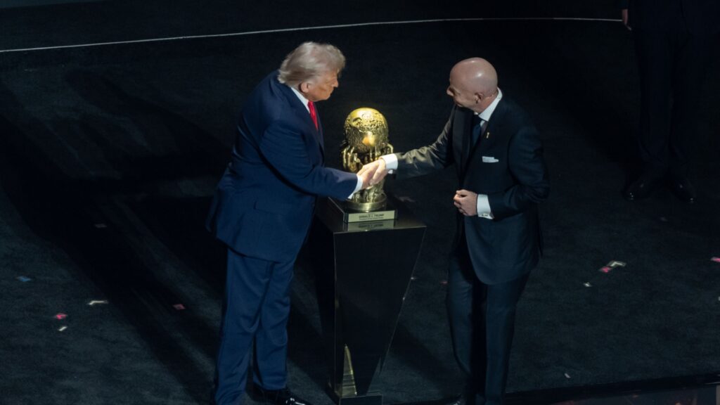 FIFA President Gianni Infantino presents the Peace Prize to President Donald Trump during the 2026 FIFA World Cup.