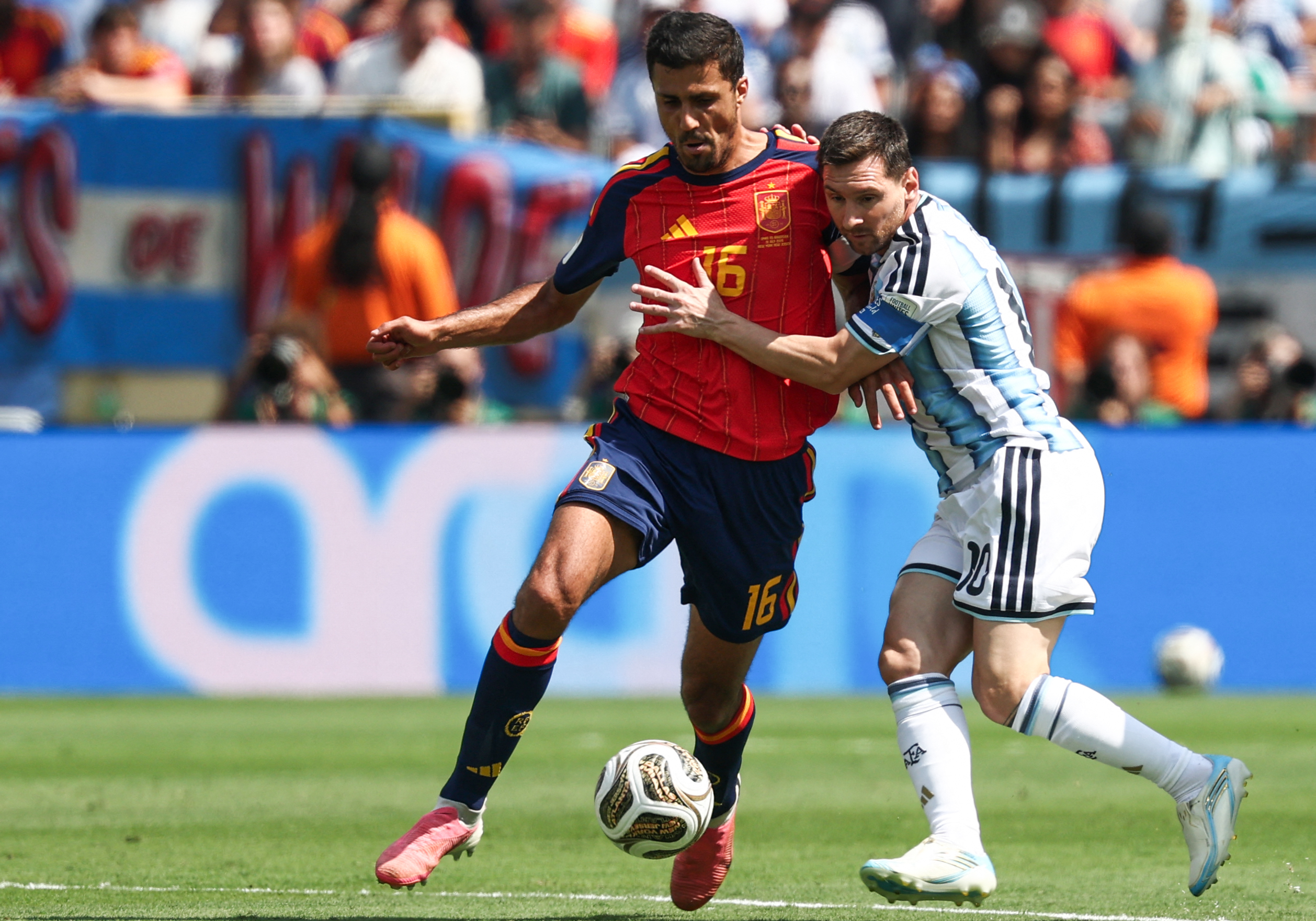 Spain's midfielder #16 Rodri (L) and Argentina's forward #10 Lionel Messi fight for the ball during the 2026 World Cup football tournament final match between Spain and Argentina at the New York/New Jersey Stadium in East Rutherford on July 19, 2026. (Photo by FRANCK FIFE / AFP via Getty Images)