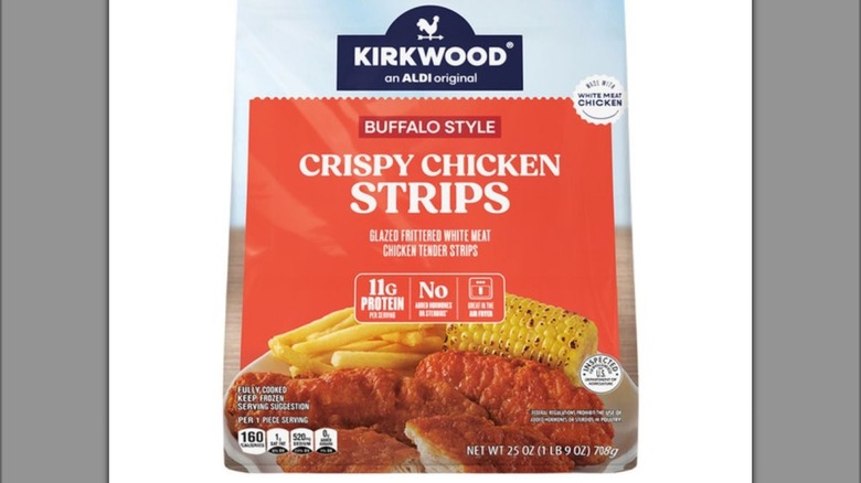 Closeup of Kirkwood Buffalo Style Crispy Chicken Strips package