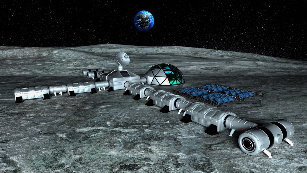 A 3D rendering of research facilities on a moon.