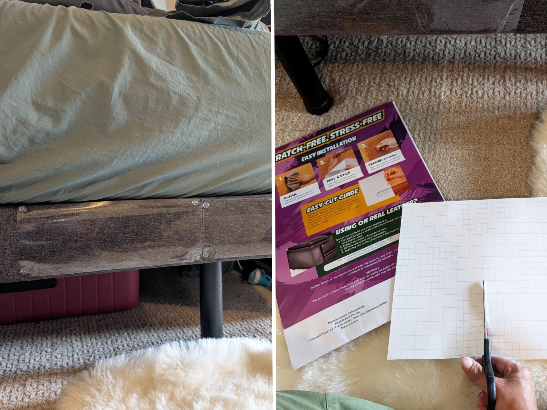 A side-by-side photo shows clear adhesive furniture guards attached along the lower edge of an upholstered bed frame alongside the included instruction guide and someone following the guidelines to cut the guard to size.