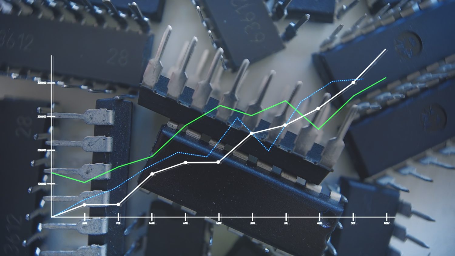 A blurred background of various black microchips with metal pins. Overlaid in the foreground is a transparent line graph with a vertical Y-axis labeled from 100.000 to 300.000 and a horizontal X-axis showing months from January to November. Three lines, one solid white, one solid green, and one dotted blue, show a general upward trend across the months, indicating growth.