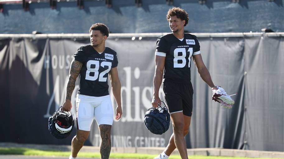 Jul 23, 2025; Houston, TX, USA; Houston Texans wide receiver Jaylin Noel (82) and wide receiver Jayden Higgins (81) during t