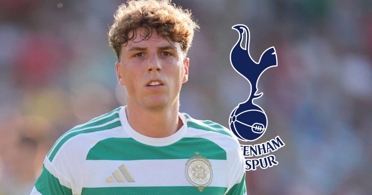Celtic’s Arne Engels with Tottenham badge