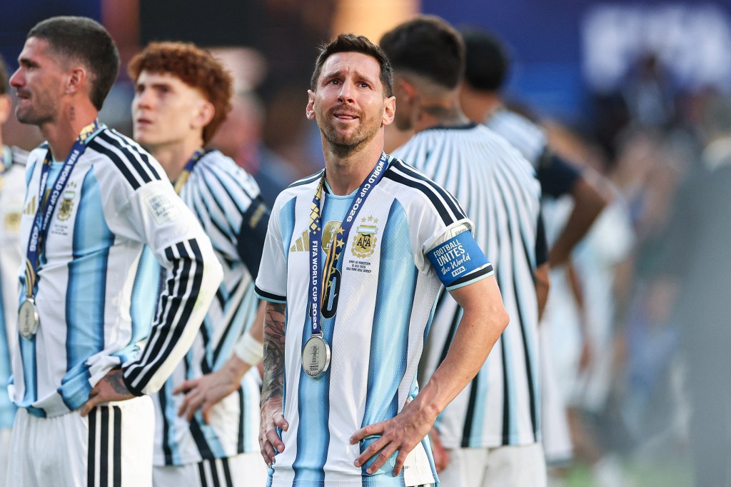 Argentina's forward #10 Lionel Messi reacts after losing the 2026 World Cup football tournament final match between Spain and Argentina at the New York/New Jersey Stadium in East Rutherford on July 19, 2026. (Photo by PATRICIA DE MELO MOREIRA / AFP via Getty Images)
