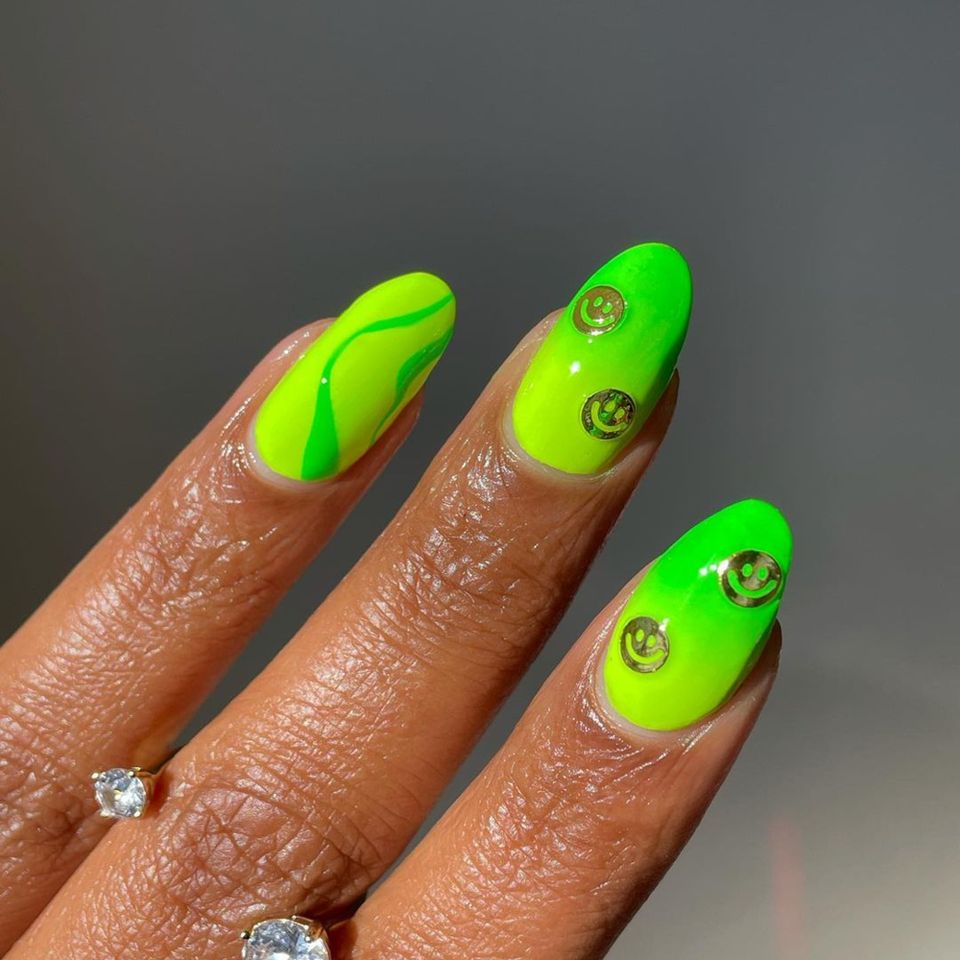 Neon Green Smiley Nails - InStyle August Nails