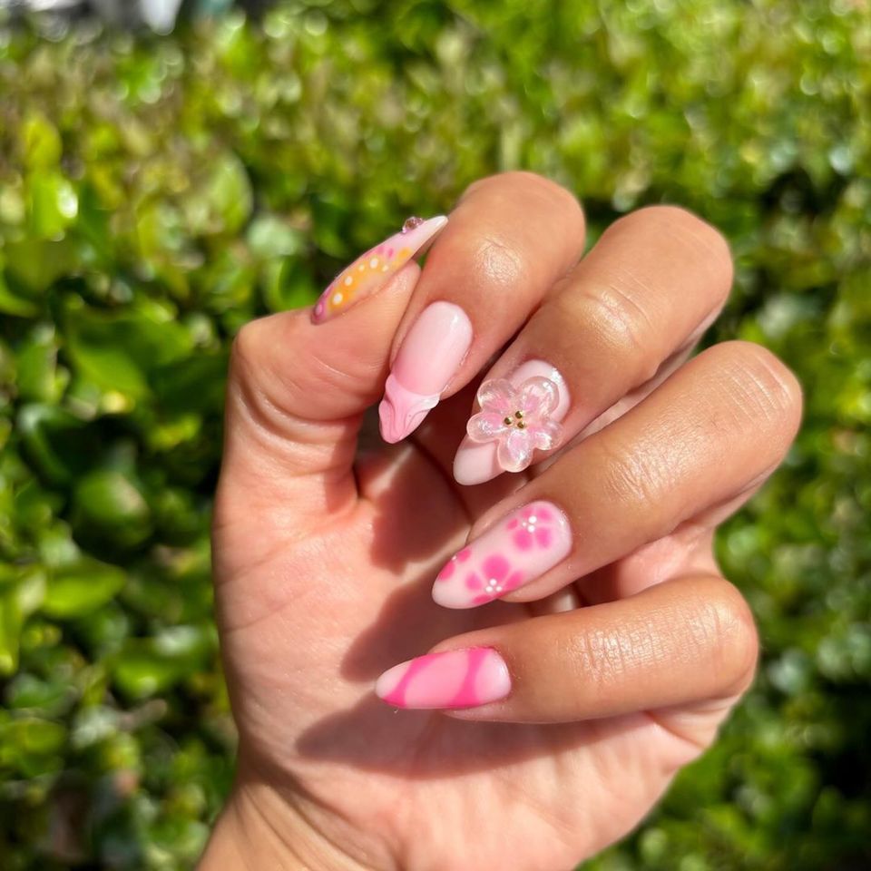 3D Pink Floral Nails - InStyle August Nails